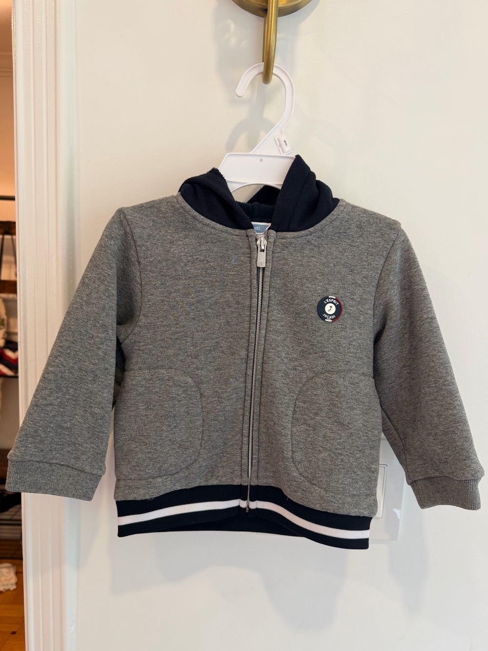Jacadi Grey Zip Hoodie with Navy Hood & Striped Hem size 24m